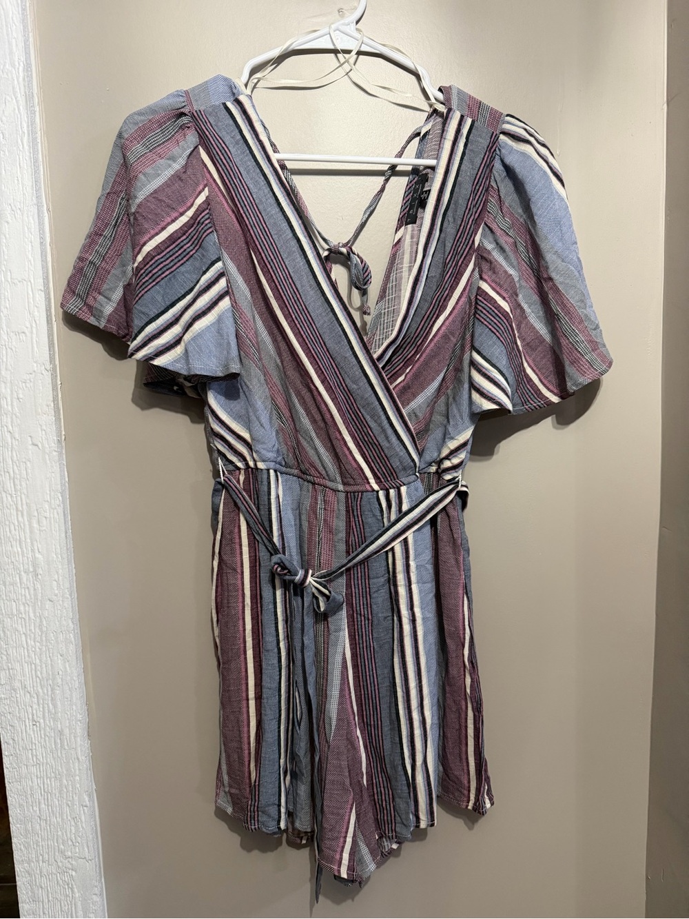 Trixxi Striped Wrap Romper in Blue, Plum and Cream